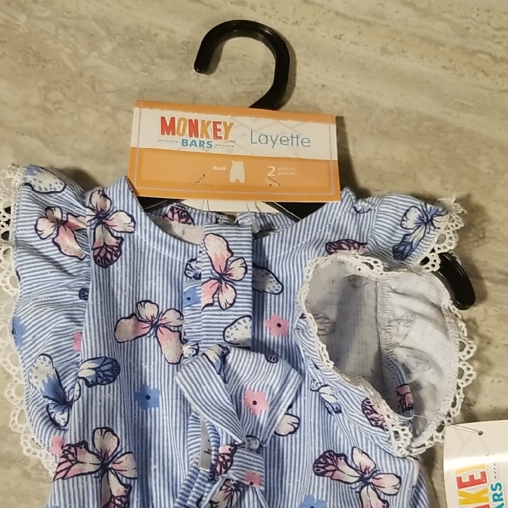 Monkey Bars Blue Floral Baby Onesie  With Headband 3-6m
